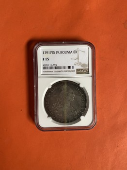 เหรียญเก่าเนื้อเงินประเทศ BOLIVIA  สมัย CAROLUS IIII  DAI GRATIA  ปี ค.ศ.1791 ตรงกับสมัยปลาย ร.1 ปี พ.ศ.2334 ผิวโม่แป้ง