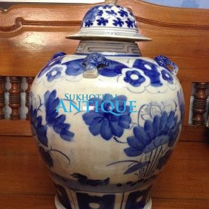 โอ่ง(โถ)กระเบื้องโบราณพร้อมฝา ปังเคย สีขาวฟ้า ลายเป็ดกอบัวใบใหญ่สมบูรณ์มากๆ ขนาด สผ.35X37ซม - Image 2