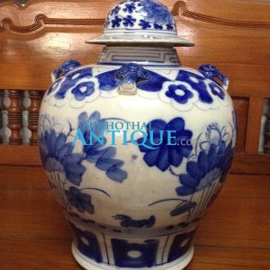 โอ่ง(โถ)กระเบื้องโบราณพร้อมฝา ปังเคย สีขาวฟ้า ลายเป็ดกอบัวใบใหญ่สมบูรณ์มากๆ ขนาด สผ.35X37ซม - Image 3