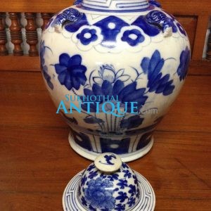 โอ่ง(โถ)กระเบื้องโบราณพร้อมฝา ปังเคย สีขาวฟ้า ลายเป็ดกอบัวใบใหญ่สมบูรณ์มากๆ ขนาด สผ.35X37ซม - Image 4