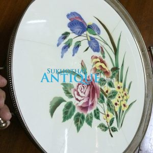 ถาดกระเบื้องโบราณ ขนาด 18 นิ้ว ลายดอกกุหลาบบานแดง 1 เหลือง 1 นอกนั้นดอกอื่นๆ เหลือง 7 ดอก - Image 3