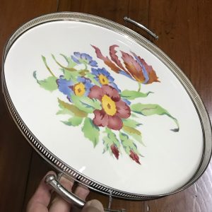 ถาดกระเบื้องโบราณสมัยร .5 ขนาด สผ 16"  สไตล์”วิคตอเรีย”ลายดอกเต็มสีชมพูบาน 2 ดอกตูม 2 ดอกนำ้เงิน 3 ดอก - Image 3