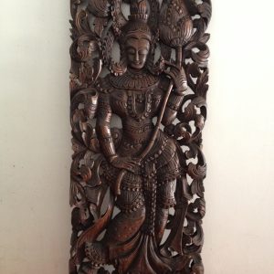 รูปนางฟ้ายืนถือดอกบัว แกะสลักสามมิติอ่อนช้อยบนไม้ขนุน ขนาด 14"x36" - Image 4