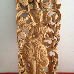 รูปนางฟ้ายืนพนมมือ แกะสลักสามมิติอ่อนช้อยบนไม้สักขนาด 7.5"x18' - Image 2