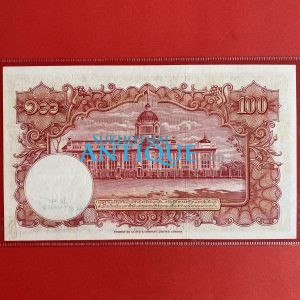ธนบัตรแบบ 9 100 บาท รุ่นที่ 3 ประกาศใช้ 25 พฤศจิกายน 2498 ลายเซ็น ภ.บริภัณฑ์ยุทธกิจ - เกษม ศรีพยัคฆ์ พิมพ์ บริษัท โทมัส เดอ ฯ - Image 4